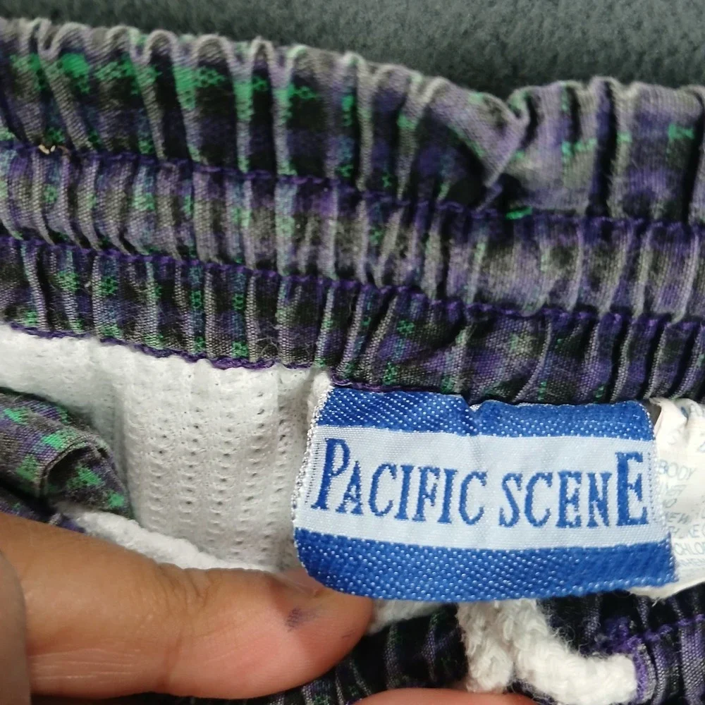 Retro Pacific Scene Swim Shorts Mens Small Green Purple Check Mesh Lined Beach